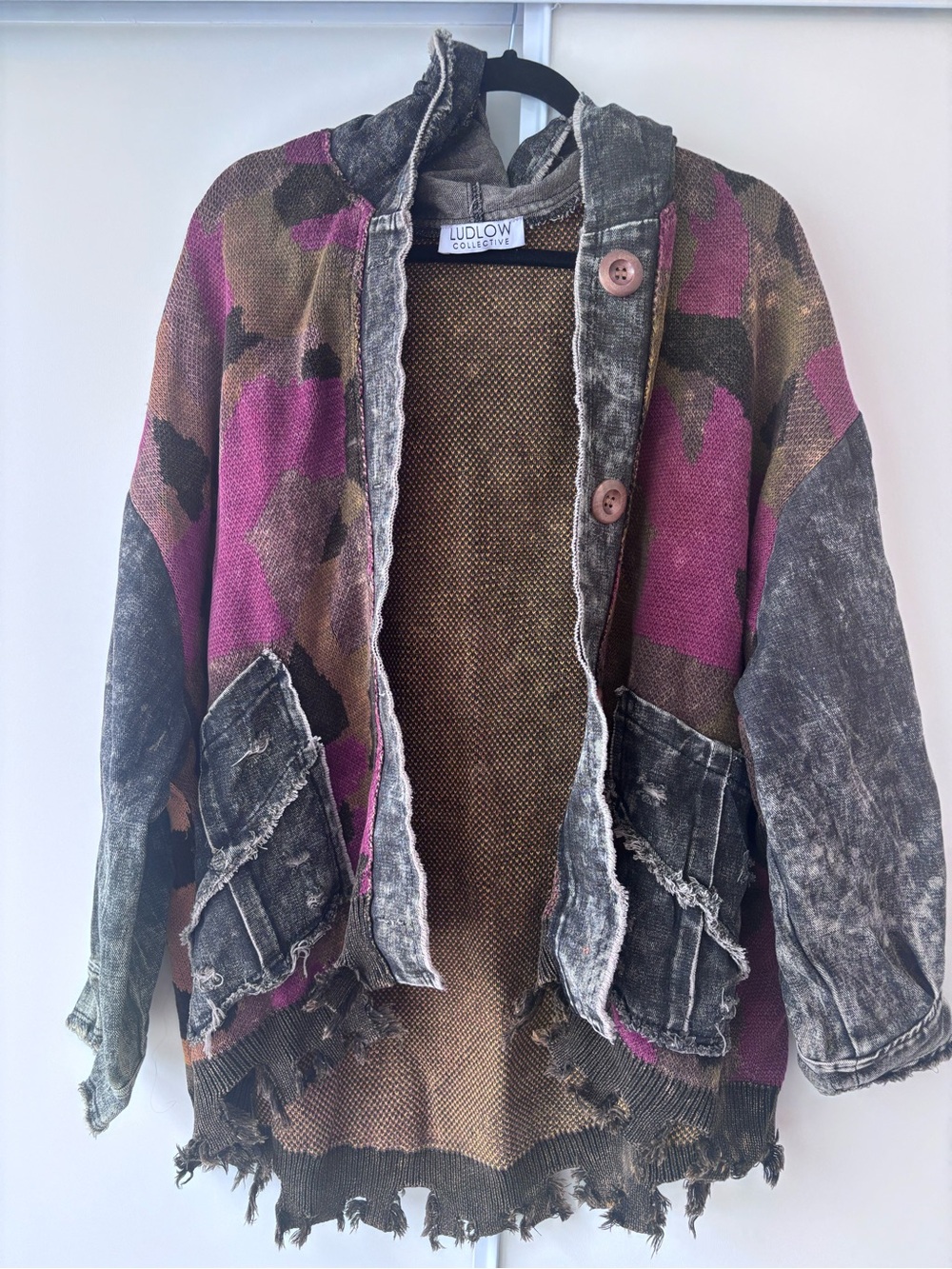 Ludlow Collective Distressed Patchwork Hoodie - Pink, Olive, Gray